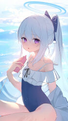 Rule 34 | 1girl, absurdres, blue archive, blue one-piece swimsuit, blush, breasts, collarbone, commentary, frilled one-piece swimsuit, frills, grey hair, halo, highres, holding, holding phone, looking at viewer, looking to the side, miyako (blue archive), miyako (swimsuit) (blue archive), official alternate costume, one-piece swimsuit, phone, ponytail, purple eyes, shenqi de (9), small breasts, solo, swimsuit, water drop