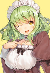 Rule 34 | 1girl, ;d, breasts, brown dress, brown eyes, collarbone, commentary request, dress, green hair, hagure keg, hand up, highres, juliet sleeves, long sleeves, looking at viewer, maid, maid headdress, medium breasts, one eye closed, open mouth, original, puffy sleeves, simple background, smile, solo, upper body, yellow background