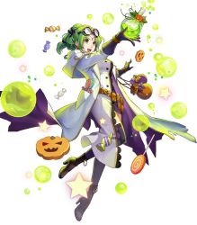Rule 34 | 1girl, alternate costume, ankle boots, black footwear, black thighhighs, boots, breasts, buttons, candy, coat, costume, earrings, eyewear on head, female focus, fire emblem, fire emblem: the sacred stones, fire emblem heroes, food, full body, glasses, gloves, green eyes, green hair, halloween, halloween costume, high heel boots, high heels, highres, holding, jack-o&#039;-lantern, jewelry, konfuzikokon, l&#039;arachel (fire emblem), lab coat, long hair, looking away, mad scientist, matching hair/eyes, medium breasts, nintendo, official art, open mouth, smile, solo, test tube, thighhighs, transparent background, turtleneck