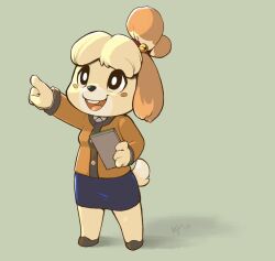 Rule 34 | 1girl, ajin (ajinhdremix), animal crossing, animal ears, arm up, artist name, bell, black eyes, blonde hair, blue skirt, blush stickers, body fur, book, breasts, bright pupils, brown footwear, buck teeth, buttons, dated, dog ears, dog girl, dog tail, female focus, full body, furry, furry female, green background, hair bell, hair ornament, hair tie, happy, highres, holding, holding book, isabelle (animal crossing), jacket, jingle bell, long sleeves, miniskirt, nintendo, open mouth, orange jacket, outstretched arm, parted bangs, pencil skirt, pointing, shoes, short hair, signature, simple background, skirt, small breasts, smile, solo, standing, tail, teeth, topknot, two-tone fur, white fur, white pupils, yellow fur