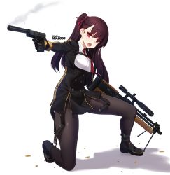 Rule 34 | &gt;:o, 1girl, :o, bad id, bad pixiv id, black footwear, black gloves, boots, braid, breasts, bullpup, cropped jacket, girls&#039; frontline, gloves, gun, hair ribbon, handgun, highres, holding, holding gun, holding weapon, kneeling, long hair, long sleeves, medium breasts, military, military uniform, narynn, on one knee, one side up, pantyhose, pistol, purple hair, purple ribbon, red eyes, ribbon, rifle, shadow, shell casing, simple background, sniper rifle, solo, suppressor, thighs, uniform, v-shaped eyebrows, wa2000 (girls&#039; frontline), walther, walther p99, walther wa 2000, weapon, white background