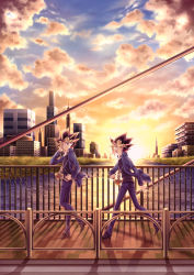 Rule 34 | 2boys, blonde hair, bridge, building, chirichiri ygo, cloud, commentary request, day, dyed bangs, fence, from side, grass, hand on own hip, jacket, looking back, male focus, millennium puzzle, multiple boys, muto yugi, open clothes, open jacket, open mouth, outdoors, pants, river, shirt, shoes, sky, smile, spiked hair, standing, sunset, walking, yami yugi, yu-gi-oh!, yu-gi-oh! duel monsters