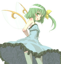 Rule 34 | 1girl, :d, alternate costume, arms behind back, bare shoulders, blush, daiyousei, dress, female focus, green eyes, green hair, green thighhighs, kuronuko neero, long hair, looking at viewer, matching hair/eyes, open mouth, side ponytail, simple background, smile, solo, thighhighs, touhou, white background, wings