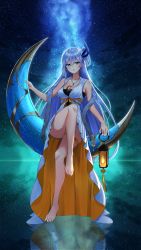 Rule 34 | 1girl, absurdres, aircell, bare legs, bare shoulders, barefoot, blue eyes, blush, breasts, cecilia schariac, cleavage, collarbone, crescent, crescent earrings, dress, earrings, full body, hair between eyes, hair ornament, highres, honkai (series), honkai impact 3rd, jewelry, lantern, crossed legs, long hair, looking at viewer, medium breasts, milky way, necklace, parted lips, shawl, silver hair, sky, solo, star (sky), star (symbol), star earrings, starry sky, very long hair, white dress