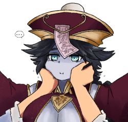 Rule 34 | ..., 1boy, 1girl, :i, :t, aqua eyes, black hair, blue skin, braid, breasts, cheek squash, cleavage, cleavage cutout, closed mouth, clothing cutout, colored skin, commentary, detached sleeves, hands on another&#039;s cheeks, hands on another&#039;s face, hat, jiangshi, jiangshi (monster girl encyclopedia), large breasts, latenight, long hair, looking at another, monster girl, monster girl encyclopedia, monster girl encyclopedia ii, motion lines, ofuda, out of frame, pouty lips, qingdai guanmao, revealing clothes, shirt, speech bubble, spoken ellipsis, talisman, transparent background, undead, underboob, underboob cutout, white shirt