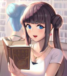 Rule 34 | 2girls, :d, absurdres, bad id, bad pixiv id, blue eyes, blue hair, blunt bangs, blurry, blush, book, bookshelf, breasts, brown hair, chain, chain necklace, cleavage, collarbone, couch, crescent, crescent necklace, depth of field, double bun, earrings, facing away, hair bun, heart, heart earrings, highres, holding, holding book, jewelry, light, long hair, looking at viewer, moonandmist, multiple girls, necklace, open book, open mouth, original, shirt, short hair, short sleeves, sidelocks, single hair bun, sitting, smile, sparkle, translation request, twintails, upper body, white shirt