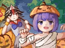 Rule 34 | 2girls, :d, alternate costume, bracelet, claw pose, cone horns, cosplay, fang, gao, grey horns, highres, holding, holding stick, horns, jewelry, kijin seija, looking at viewer, multiple girls, open mouth, pixel art, pumpkin hat, purple eyes, purple hair, smile, stick, sukuna shinmyoumaru, touhou, v-shaped eyebrows, zhiyu