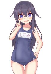 Rule 34 | 1girl, akatsuki (kancolle), alternate costume, blue one-piece swimsuit, blush, collarbone, covered navel, cowboy shot, gluteal fold, hair between eyes, hand on own hip, highres, kantai collection, long hair, looking at viewer, messy hair, name tag, old school swimsuit, one-piece swimsuit, open mouth, pepatiku, purple eyes, purple hair, school swimsuit, simple background, smile, swimsuit, white background