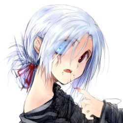 Rule 34 | 1girl, blood, blood on face, blue eyes, brown eyes, hara takehito, heterochromia, no pupils, original, scar, scar across eye, scar on face, short hair, simple background, solo, white background, white hair
