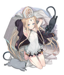 Rule 34 | 1girl, abigail williams (fate), abigail williams (swimsuit foreigner) (fate), abigail williams (swimsuit foreigner) (second ascension) (fate), absurdres, animal, armpits, arms up, bare legs, bare shoulders, barefoot, black cat, black jacket, blonde hair, blue eyes, blush, braid, cat, commentary request, double bun, fate/grand order, fate (series), frilled swimsuit, frills, full body, hair bun, hat, highres, jacket, keyhole, long hair, mitre, nao (syn eaa), one-piece swimsuit, parted bangs, solo, swimsuit, twintails, very long hair, white hat, white one-piece swimsuit