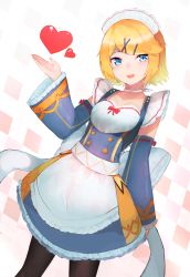 Rule 34 | 1girl, absurdres, alternate costume, alternate hairstyle, apron, black pantyhose, blonde hair, blue dress, blush, breasts, choker, collarbone, commentary request, detached sleeves, dress, enmaided, hair ornament, hairclip, heart, highres, hiiragi mikoto, kagamine rin, long sleeves, looking at viewer, maid, maid headdress, open mouth, pantyhose, ribbon, short hair, small breasts, smile, solo, teeth, upper teeth only, vocaloid, white apron, white choker, x hair ornament