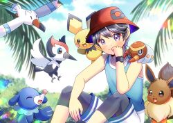 1boy bare_arms bare_shoulders bird black_hair black_leggings blue_tank_top blurry blurry_background blush closed_mouth commentary_request commission creatures_(company) day depth_of_field eevee elio_(pokemon) game_freak gen_1_pokemon gen_2_pokemon gen_3_pokemon gen_7_pokemon grubbin hand_up hat highres kou_hiyoyo leggings leggings_under_shorts looking_at_viewer male_focus nintendo on_shoulder outdoors palm_tree pichu pikipek pixiv_commission pokemon pokemon_(creature) pokemon_usum popplio purple_eyes red_hat shorts smile tank_top tree white_shorts wingull