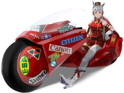 Rule 34 | 1girl, akira (manga), animal ears, armband, bmw, boots, bow, bowtie, breasts, buttons, canon (company), capelet, character name, chest strap, closed mouth, commentary request, dress, gloves, gold ship (umamusume), grey hair, harness, high heel boots, high heels, horse ears, horse girl, kaneda shoutarou&#039;s bike, large breasts, long hair, looking at viewer, on motorcycle, osagirisu, paint, pants, pillbox hat, pink eyes, red bow, red bowtie, red dress, simple background, sleeveless, sleeveless dress, smile, solo, sticker, umamusume, white background, white capelet, white footwear, white gloves, white pants