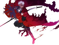 Rule 34 | 1boy, 1girl, archer (fate), blood, blood on face, bloody weapon, dark-skinned male, dark skin, fate/stay night, fate (series), highres, impaled, npn, sword, tohsaka rin, two side up, weapon, white hair
