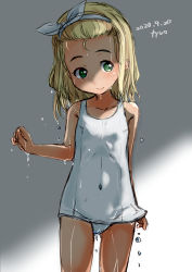Rule 34 | 1girl, artist name, blonde hair, dated, flat chest, fyuo, green eyes, hairband, highres, kantai collection, looking at viewer, luigi torelli (kancolle), one-piece swimsuit, school swimsuit, short hair, solo, standing, swimsuit, wet, wet clothes, wet swimsuit, white hairband, white one-piece swimsuit