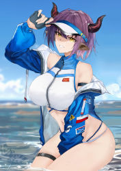 Rule 34 | 1girl, absurdres, animal ears, arknights, bad id, bad pixiv id, beach, bikini, blue jacket, blush, breasts, cow ears, cow girl, cow horns, highres, horns, jacket, large breasts, looking at viewer, official alternate costume, open clothes, open jacket, purple hair, ritalem, short hair, sideroca (arknights), sideroca (light breeze) (arknights), smile, solo, swimsuit, thigh strap, visor cap, white bikini, yellow eyes