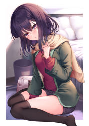 Rule 34 | 1girl, bag, between legs, black shorts, black thighhighs, blush, border, breasts, enpera, green jacket, hand between legs, highres, indoors, jacket, jewelry, long hair, long sleeves, looking at viewer, medium breasts, mizuiro raika, necklace, ned, no shoes, on floor, open clothes, open jacket, original, outside border, parted lips, pillow, purple eyes, purple hair, red sweater, scarf, short shorts, shorts, sitting, solo, sweater, thighhighs, trash can, wariza, white border, yellow scarf