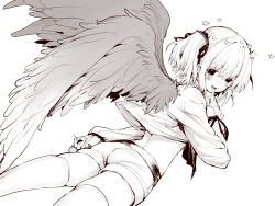 Rule 34 | 1boy, ass, bad id, bad pixiv id, beatmania, beatmania iidx, blush, dutch angle, finger to mouth, fingernails, from behind, hair ribbon, halo, long sleeves, looking at viewer, looking back, male focus, midriff, monochrome, multiple wings, mutsutake, necktie, rche (beatmania), ribbon, short hair, short twintails, shorts, smile, solo, standing, star (symbol), thighhighs, tongue, tongue out, trap, twintails, wings, zettai ryouiki