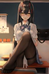 Rule 34 | 1girl, :d, ass, azur lane, black bow, black bowtie, black hair, blue skirt, blurry, blush, bow, bowtie, bra visible through clothes, breasts, brown pantyhose, chair, classroom, collared shirt, commentary request, depth of field, desk, feet, gloves, hair between eyes, hair ornament, highres, horns, indoors, kinokorec, knee up, large breasts, long hair, looking at viewer, miniskirt, no shoes, on desk, oni horns, open mouth, pantyhose, pleated skirt, school chair, school desk, school uniform, see-through, shirt, short sleeves, sidelocks, sitting, on desk, skirt, smile, solo, suzuya (azur lane), thigh strap, toes, white gloves, white shirt, yellow eyes