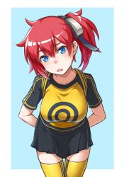 Rule 34 | 1girl, aiba ami, arms behind back, backpack, bad id, bad twitter id, bag, black skirt, blue background, blue eyes, blush, breasts, digimon, digimon story: cyber sleuth, getter ichi, goggles, goggles on head, head tilt, leaning forward, looking at viewer, medium breasts, open mouth, pleated skirt, print shirt, raglan sleeves, red hair, shirt, side ponytail, skirt, solo, t-shirt, thighhighs, yellow shirt, yellow thighhighs, zettai ryouiki