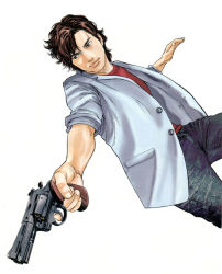 Rule 34 | 1boy, angel heart, brown eyes, brown hair, buttons, city hunter, denim, falling back, gun, jacket, male focus, python .357 magnum, saeba ryou, serizawa naoki, shirt, short hair, simple background, sleeves rolled up, smile, solo, spiked hair, wavy hair, weapon, white background
