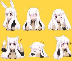Rule 34 | 1girl, ;&lt;, ?, animal ear fluff, animal ears, arm up, blush, cat ears, closed eyes, closed mouth, cropped torso, crossed arms, faceless, faceless female, fire emblem, fire emblem: three houses, garreg mach monastery uniform, hand up, kemonomimi mode, long hair, long sleeves, lysithea von ordelia, multiple views, nintendo, nose blush, open mouth, orange background, parted lips, pink eyes, plushcharm, rabbit ears, simple background, sleeping, sparkle, squiggle, twitter username, uniform, upper body, v-shaped eyebrows, wavy mouth, white hair, zzz