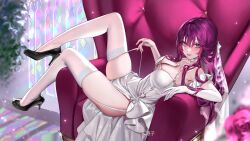 Rule 34 | 1girl, absurdres, armchair, artist name, blurry, blurry foreground, blush, breasts, chair, choker, cleavage, dress, elbow gloves, flower, full body, garter straps, gloves, high heels, highres, honkai: star rail, honkai (series), indoors, kafka (honkai: star rail), large breasts, long hair, looking at viewer, parted lips, purple eyes, purple flower, purple hair, purple rose, ringeko-chan, rose, single elbow glove, sitting sideways, smile, solo, strap lift, thighhighs, white choker, white dress, white thighhighs