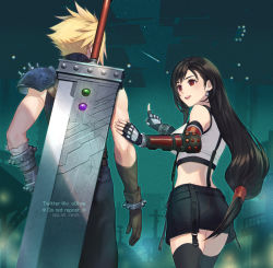 Rule 34 | 1boy, 1girl, arm armor, armor, back, bare shoulders, black hair, black skirt, black thighhighs, blonde hair, bracelet, breasts, buster sword, cloud strife, crop top, detached sleeves, earrings, final fantasy, final fantasy vii, final fantasy vii remake, fingerless gloves, from behind, gloves, hand on another&#039;s arm, jewelry, large breasts, long hair, looking at another, low-tied long hair, night, night sky, ohse, open mouth, outdoors, outstretched arm, pointing, pointing up, red eyes, shooting star, shoulder armor, skirt, sky, spiked hair, star (sky), starry sky, suspender skirt, suspenders, sweater, tank top, thighhighs, tifa lockhart, turtleneck, turtleneck sweater, weapon, weapon on back, white tank top, zettai ryouiki