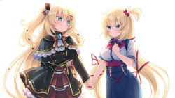 Rule 34 | 2girls, akai haato, akai haato (1st costume), akai haato (gothic lolita), black capelet, black dress, blonde hair, blouse, blue skirt, bow, bowtie, breasts, capelet, commentary request, dress, dual persona, fingernails, hair ornament, hair ribbon, hairpin, heart, highres, holding hands, hololive, large breasts, lolita fashion, long hair, long sleeves, looking at another, magowasabi, multiple girls, nail polish, neck ribbon, one side up, red nails, red ribbon, red skirt, ribbon, shirt, skirt, two side up, very long hair, virtual youtuber, white shirt, x hair ornament
