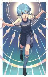 Rule 34 | 1boy, androgynous, angel wings, blue eyes, dolustoy, full body, hair between eyes, highres, looking at viewer, male focus, open mouth, saotome seiya, shorts, silver hair, smile, soccer uniform, solo, sportswear, wings