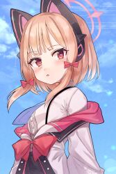 Rule 34 | 1girl, absurdres, animal ear headphones, animal ears, artist name, black skirt, blonde hair, blue archive, blue necktie, blue sky, blush, bow, cat ear headphones, cloud, cloudy sky, fake animal ears, hair bow, halo, headphones, highres, jacket, katsukare, long sleeves, looking at viewer, momoi (blue archive), necktie, off shoulder, open mouth, pink eyes, pink halo, pleated skirt, red bow, shirt, short hair, sidelocks, skirt, sky, solo, suspenders, two-sided fabric, two-sided jacket, upper body, white jacket, white shirt
