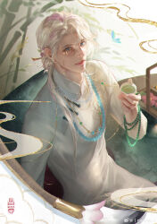 Rule 34 | 1boy, absurdres, armchair, artist name, bamboo, bead bracelet, bead necklace, beads, blue butterfly, border, box, bracelet, bug, butterfly, camellia cookie, chair, changpao, chinese clothes, closed mouth, cookie run, cowboy shot, cup, ear chain, fingernails, green eyes, green tea, hair ornament, hair over shoulder, hair stick, highres, holding, holding cup, humanization, insect, jewelry, light particles, lips, long hair, long sleeves, looking at viewer, low ponytail, male focus, minmin0802, monocle, multicolored hair, multiple necklaces, multiple rings, necklace, paintbrush, parted bangs, pink hair, realistic, ring, robe, sitting, smile, smoke, solo, streaked hair, tea, weibo logo, weibo watermark, white border, white hair, white robe