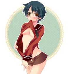 Rule 34 | 10s, 1girl, bad id, bad pixiv id, blue hair, blush, breasts, brown eyes, clothes lift, kantai collection, komo da, mogami (kancolle), mouth hold, open fly, school uniform, shirt lift, short hair, shorts, solo, unzipped