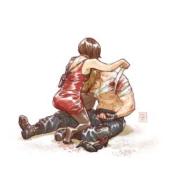 Rule 34 | 1boy, 1girl, ada wong, artist name, bandaged arm, bandaged chest, bandages, bare arms, black choker, black footwear, black gloves, black hair, black pantyhose, blonde hair, blood, bloody bandages, blue pants, bob cut, boots, breasts, choker, dress, facing another, facing away, fingerless gloves, full body, gloves, head down, high heels, highres, holding bandages, holster, injury, leon s. kennedy, medium breasts, no shoes, pants, pantyhose, red dress, resident evil, resident evil 2, ron chan, shoes, unworn shoes, short dress, short hair, sitting, toned, toned male, topless male, white background