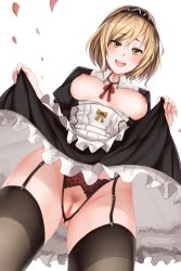 Rule 34 | 10s, 1girl, alternate costume, apron, black dress, black hairband, blonde hair, bow, breasts, breasts apart, breasts out, censored, cherry blossoms, choker, clothes lift, crotchless, crotchless panties, djeeta (granblue fantasy), dress, dress lift, enmaided, female pubic hair, flashing, from below, garter straps, gluteal fold, granblue fantasy, hairband, hanada yanochi, looking at viewer, maid, maid apron, medium breasts, mosaic censoring, nipples, panties, pubic hair, pussy, ribbon choker, smile, solo, thighhighs, underwear, yellow eyes