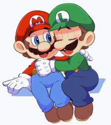 Rule 34 | 2boys, blue eyes, brothers, brown footwear, brown hair, closed eyes, facial hair, flat cap, full body, gloves, green headwear, green shirt, hand on shoulder, hat, highres, hiyashimeso, hug, long sleeves, looking at another, luigi, male focus, mario, mario (series), multiple boys, mustache, nintendo, open mouth, red headwear, red shirt, shirt, short hair, siblings, simple background, sitting, smile, white background, white gloves