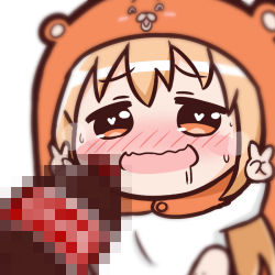 Rule 34 | ahegao, bad id, bad pixiv id, blonde hair, blurry, blush, brown eyes, censored, cola, depth of field, doma umaru, double v, drooling, fake censor, hamster costume, heart, heart-shaped pupils, komaru (himouto! umaru-chan), mosaic censoring, open mouth, phallic symbol, pixelated, sexually suggestive, simple background, smile, solo, symbol-shaped pupils, v, white background