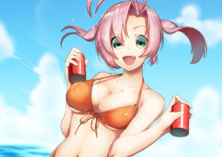 Rule 34 | 10s, 1girl, :d, alternate costume, antenna hair, ayamori mimi, bikini, bikini top only, blue sky, breasts, can, cleavage, cloud, cloudy sky, collarbone, day, drink can, green eyes, highres, holding, kantai collection, kinugasa (kancolle), large breasts, long hair, looking at viewer, navel, open mouth, orange bikini, silver hair, sky, smile, soda can, solo, swimsuit, twintails