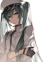 Rule 34 | absurdres, aqua eyes, backlighting, black gloves, coat, collared coat, commentary request, eyebrows hidden by hair, gloves, grey hair, hair between eyes, hair over one eye, half gloves, hand on own arm, hat, hatsune miku, high collar, highres, kazenemuri, long hair, looking at viewer, orange outline, parted lips, peaked cap, senbon-zakura (vocaloid), simple background, sleeves past elbows, teeth, twintails, upper body, vocaloid, white background, white coat, white hat, wristband