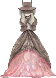Rule 34 | 1girl, black eyes, blonde hair, bmp-to-png conversion, brown capelet, brown dress, brown hat, capelet, closed mouth, clothes lift, dress, dress lift, full body, game cg, hat, long dress, long hair, long sleeves, looking to the side, melk (mon-musu quest!), membrane, mon-musu quest!, mucus, non-web source, own hands together, simple background, slug girl, solid circle eyes, solo, standing, transparent background, un do, veil