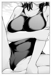 Rule 34 | 10s, 1girl, arms under breasts, breasts, character request, close-up, greyscale, highres, holding own arm, knee up, large breasts, long hair, monochrome, nande koko ni sensei ga!?, one-piece swimsuit, outdoors, sitting, soborou, solo, swimsuit, teacher, thighs