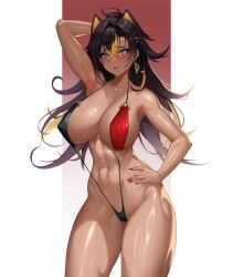 Rule 34 | 1girl, abs, absurdres, adapted costume, arm behind head, arm up, armpits, bare shoulders, black hair, blonde hair, blue eyes, blush, breasts, cameltoe, cleavage, cleft of venus, closed mouth, dehya (genshin impact), embarrassed, genshin impact, gradient background, hand on own hip, highres, karmiel, large breasts, long hair, looking at viewer, multicolored hair, nail polish, navel, red nails, slingshot swimsuit, solo, stomach, sweat, swimsuit, two-tone hair, very long hair