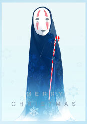 Rule 34 | blue border, border, candy, candy cane, commentary, english commentary, food, gokupo101, holding, holding candy, holding candy cane, holding food, kaonashi, light blue background, looking at viewer, mask, merry christmas, no humans, non-web source, sen to chihiro no kamikakushi, smile, snowflakes