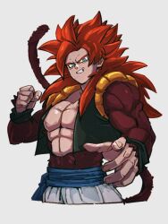Rule 34 | 1boy, blue eyes, clenched hand, clenched teeth, dragon ball, dragon ball gt, fingernails, gogeta, grey background, kemachiku, long hair, looking at viewer, male focus, monkey tail, red hair, simple background, solo, super saiyan, super saiyan 4, tail, teeth