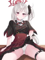 Rule 34 | 1girl, absurdres, black shirt, blue archive, blush, cameltoe, clothes lift, frilled skirt, frills, grey hair, grin, hair ornament, halo, hand on floor, high-waist skirt, highres, jacket, lifting own clothes, long hair, looking at viewer, mutsuki (blue archive), on floor, panties, purple eyes, rynzfrancis, school uniform, shirt, sitting, skirt, skirt lift, smile, solo, swept bangs, thighs, underwear, very long hair, white background, white hair, white panties