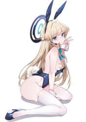 Rule 34 | 1girl, absurdres, animal ears, bare shoulders, blonde hair, blue archive, blue eyes, blue leotard, blush, bow, bowtie, braid, breasts, detached collar, earpiece, fake animal ears, french braid, halo, high heels, highleg, highleg leotard, highres, leotard, long hair, looking at viewer, medium breasts, playboy bunny, rabbit ears, rabbit tail, sitting, solo, tail, teddy (khanshin), thighhighs, toki (blue archive), toki (bunny) (blue archive), v, wariza, white thighhighs, wrist cuffs