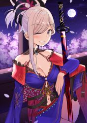 Rule 34 | 1girl, absurdres, asymmetrical hair, bare shoulders, black thighhighs, blue eyes, blue kimono, breasts, cherry blossoms, cleavage, clothing cutout, detached sleeves, earrings, fate/grand order, fate (series), full moon, hair ornament, highres, iro (boo iro), japanese clothes, jewelry, katana, kimono, large breasts, leaf print, looking at viewer, magatama, maple leaf print, miyamoto musashi (fate), miyamoto musashi (third ascension) (fate), moon, navel cutout, obi, outdoors, pink hair, ponytail, sandals, sash, sitting, sky, sleeveless, sleeveless kimono, solo, star (sky), starry sky, sword, tears, thighhighs, weapon, wide sleeves