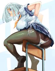 Rule 34 | 1girl, ass, black pantyhose, blue eyes, blue sailor collar, blue skirt, breasts, chair, cleft of venus, closed mouth, commentary request, gloves, hair between eyes, hair ornament, hair over one eye, hairclip, hamakaze (kancolle), highres, huge breasts, kantai collection, looking at viewer, neckerchief, panties, panties over pantyhose, pantyhose, pleated skirt, sailor collar, school chair, school uniform, serafuku, short hair, short sleeves, side-tie panties, simple background, simplecar, sitting, skirt, solo, underwear, white gloves, white panties, yellow neckerchief