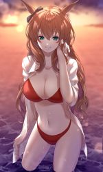 Rule 34 | 1girl, animal ears, bikini, black ribbon, blurry, blurry background, bow, breasts, brown hair, commentary request, ear ribbon, green eyes, hair between eyes, highres, horse ears, horse girl, iwashi 111, large breasts, long hair, looking at viewer, maruzensky (umamusume), navel, open clothes, open shirt, outdoors, partially submerged, red bikini, resolution mismatch, ribbon, shirt, smile, solo, source smaller, sunset, swimsuit, umamusume, wet, white shirt