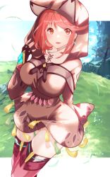 Rule 34 | 1girl, absurdres, black gloves, breasts, disguised pyra (xenoblade), earrings, fingerless gloves, gloves, highres, jewelry, large breasts, pyra (xenoblade), red eyes, red hair, red shorts, red thighhighs, risumi (taka-fallcherryblossom), short hair, short shorts, shorts, swept bangs, thighhighs, tiara, xenoblade chronicles (series), xenoblade chronicles 2